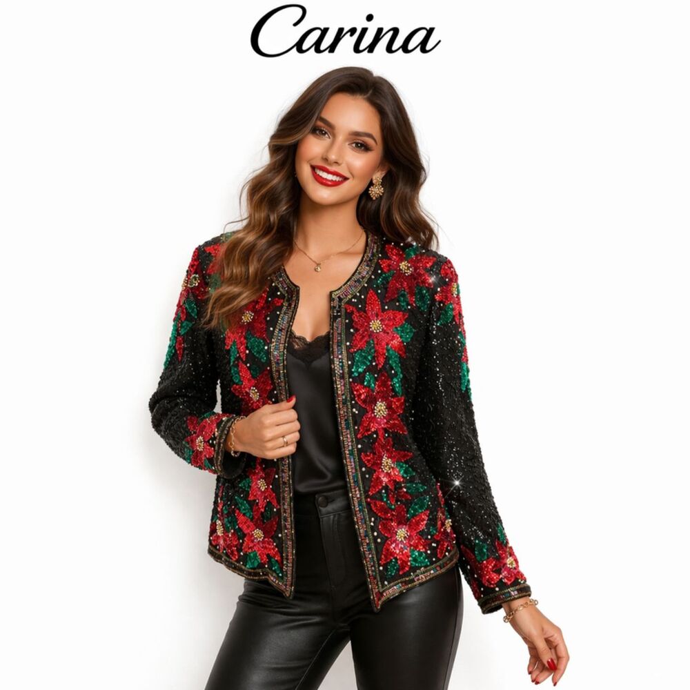 VTG Carina Black Beaded Sequin Blazer Floral Statement Holiday Jacket Size M - Picture 1 of 7
